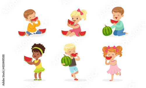 Cute Little Kids Eating Sweet and Juicy Watermelon Vector Set