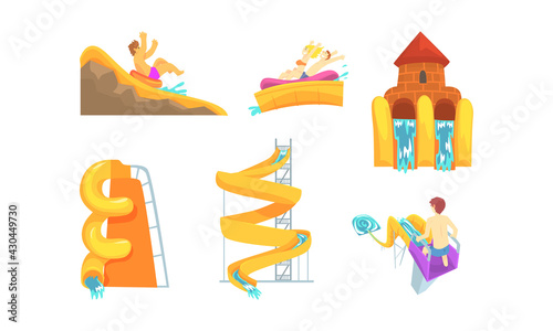 People Characters on Water Slides and Tube in Aquapark Vector Illustration Set