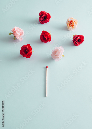 Safety match and colorful roses against pastel blue background. Creative idea, spring awakening, activation. Romantic concept. photo