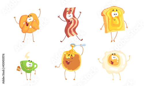 Humanized Food with Tea Cup and Scrambled Egg Smiling and Waving Hand Vector Set