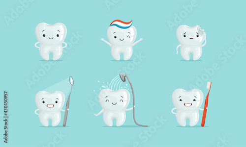 Cute White Tooth Character Holding Toothbrush and Dental Tool Vector Set