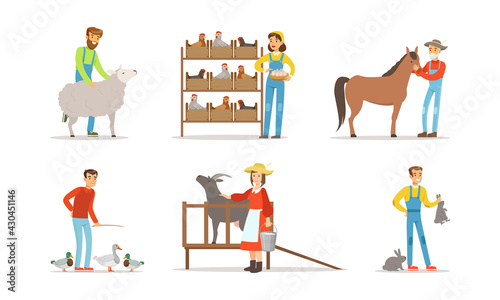 Farmers Breeding Livestock Feeding Farm Animals Vector Set