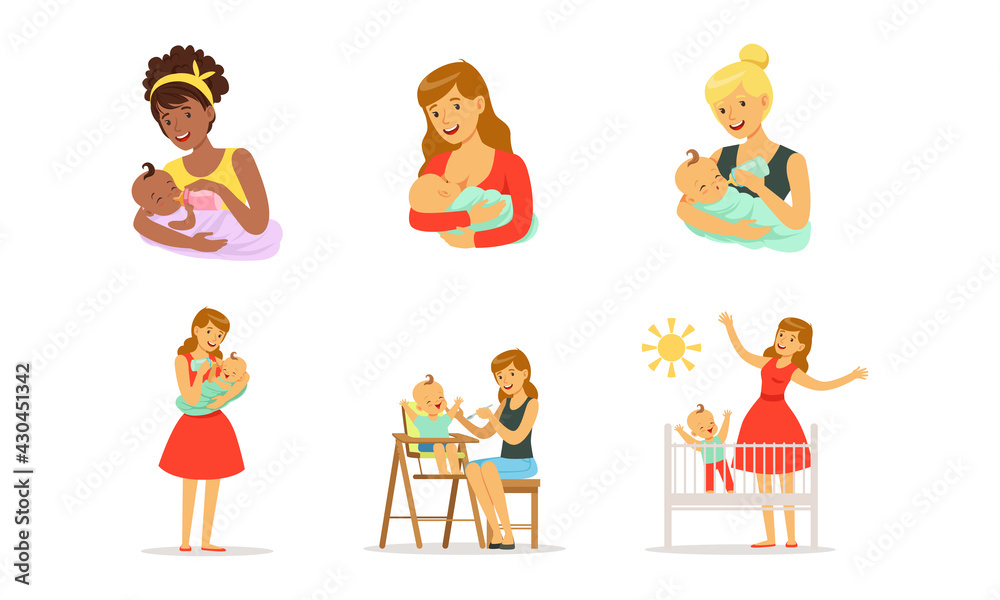 Young Mother Nursing Her Little Baby Bottle and Breast Feeding Vector Set