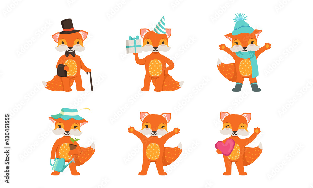 Fototapeta premium Cute Little Fox Holding Gift Box, Gardening and Waving Paw Vector Set