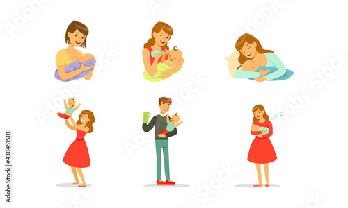 Young Mother and Father Nursing Their Little Baby Bottle and Breast Feeding Vector Set