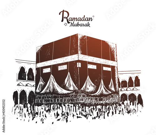 Ramadan Mubarak. holy kaaba illustration hand drawn isolated on white background