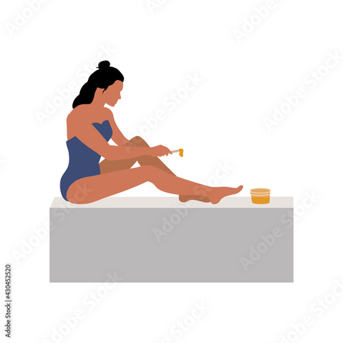 Woman in the bathroom does hair removal from her legs with sugar paste. Vector illustration with character in flat style isolated on white background