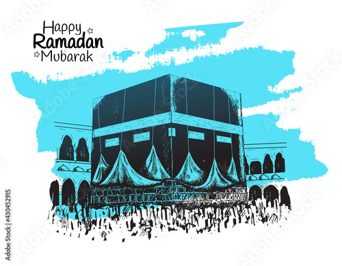 Ramadan Mubarak. holy kaaba illustration hand drawn isolated on white background blue brush