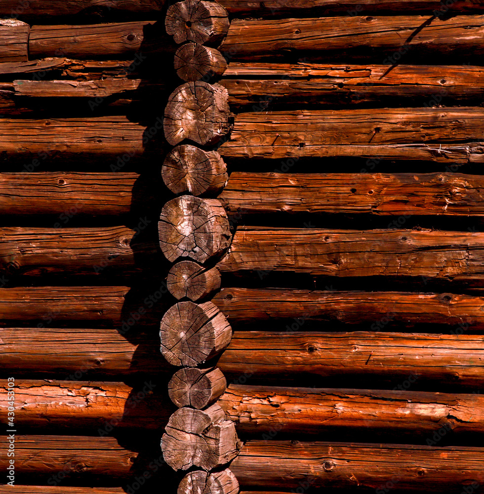 Wooden log wall on the background of a rural house. Old wood texture Wooden log wall on the background of a rural house. Old wood texture