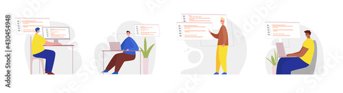 Set of programmers working on web development on computers. Concept of script coding and programming in php, python, javascript, other languages. Software developers. Flat cartoon illustration design