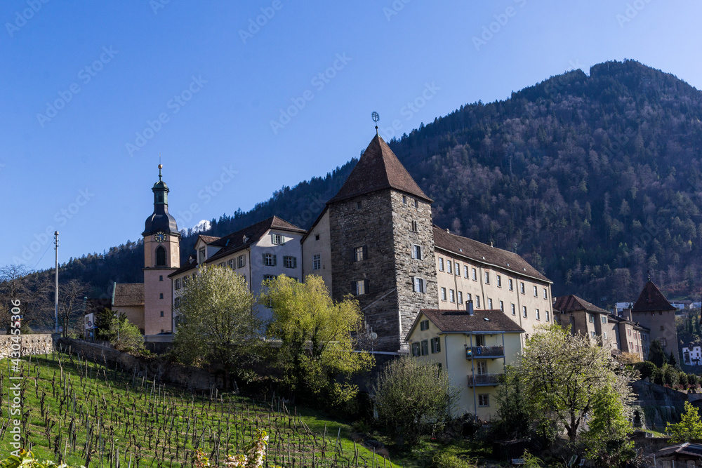 Old town with church and abbey in Chur, the capital of Canton Grisons, Switzerland