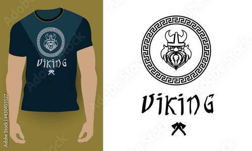 Graphic design of T-shirt with Viking, ornament.