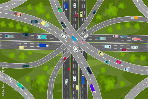 Road junction and bridges with many cars top view. Modern highway and transport. Intersections and overpasses. Vehicles moving on a road or public highway. Stream of heavy traffic. Vector illustration
