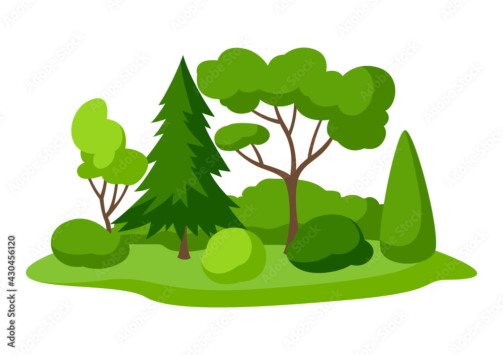 Fototapeta premium Background with trees, spruces and bushes. Summer or spring landscape. Seasonal illustration.