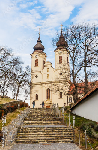 Tihany village on shores of Lake Balaton, Tihany Peninsula, Hungary. 17th century Baroque church built on site of the 10th century Benedictine Abbey.