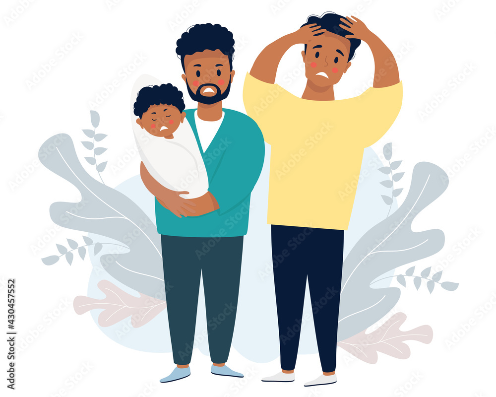 Obraz premium Ethnic male couple with a baby. Two sad and frightened men are holding a crying newborn. Vector illustration. LGBT family with newborn son, stressful situation. Family life and emotions concept