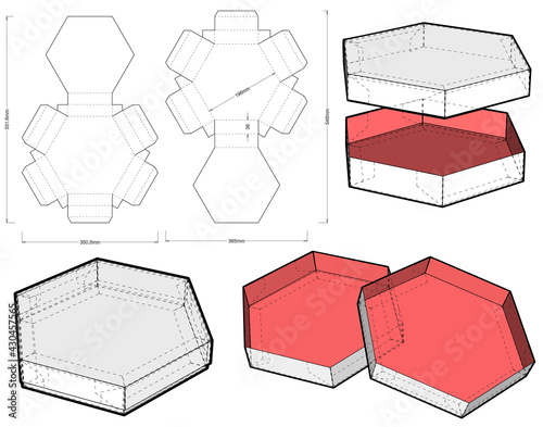 Top and Bottom hexagonal self assembly and Die-cut Pattern. The .eps file is full scale and fully functional. Prepared for real cardboard production.