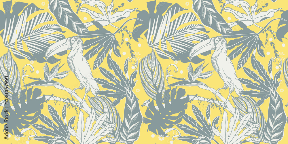 seamless pattern with toucan and tropical leaves seamless pattern with toucan and tropical leaves