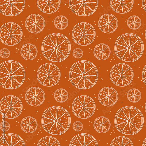 Fototapeta Naklejka Na Ścianę i Meble -  Seamless pattern with fresh oranges for fabric, drawing labels, print on t-shirt, wallpaper of children's room, fruit background. Slices orange in doodle style on a orange background