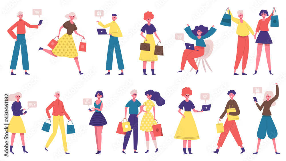 Diverse shopping people. Online shopping male and female characters, people buy online and offline. Happy buyers vector illustration set