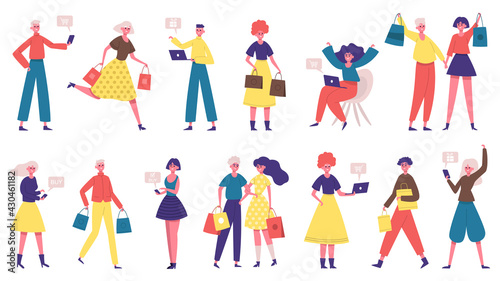 Diverse shopping people. Online shopping male and female characters, people buy online and offline. Happy buyers vector illustration set