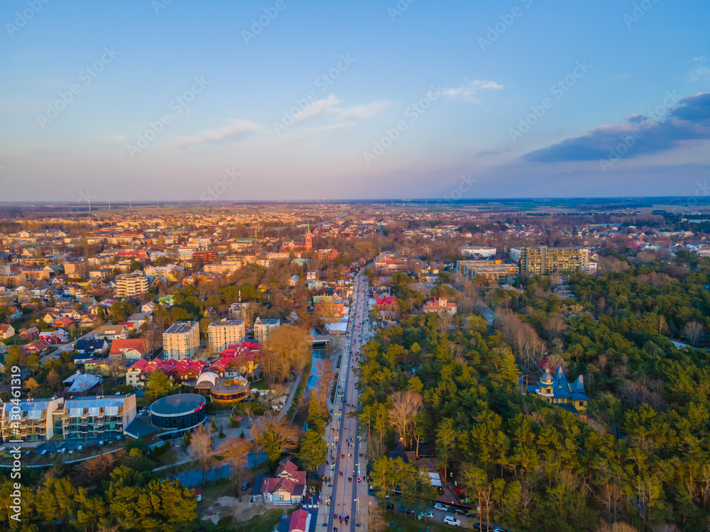 Aerial view of main pedestrian Basanavicius street in Palanga during a sunset