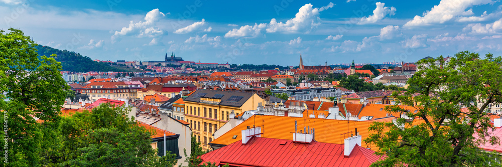 custom made wallpaper toronto digitalView of Prague Castle over red roof from Vysehrad area at sunset lights, Prague, Czech Republic. Scenic view of Prague city, Prague castle and Petrin tower from Vysehrad overlooking red roofs