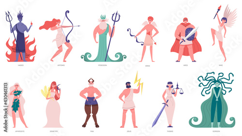 Greek gods and goddess. Olympic cartoon gods and heroes, poseidon, hades, zeus and hermes. Ancient mythology characters vector illustration set
