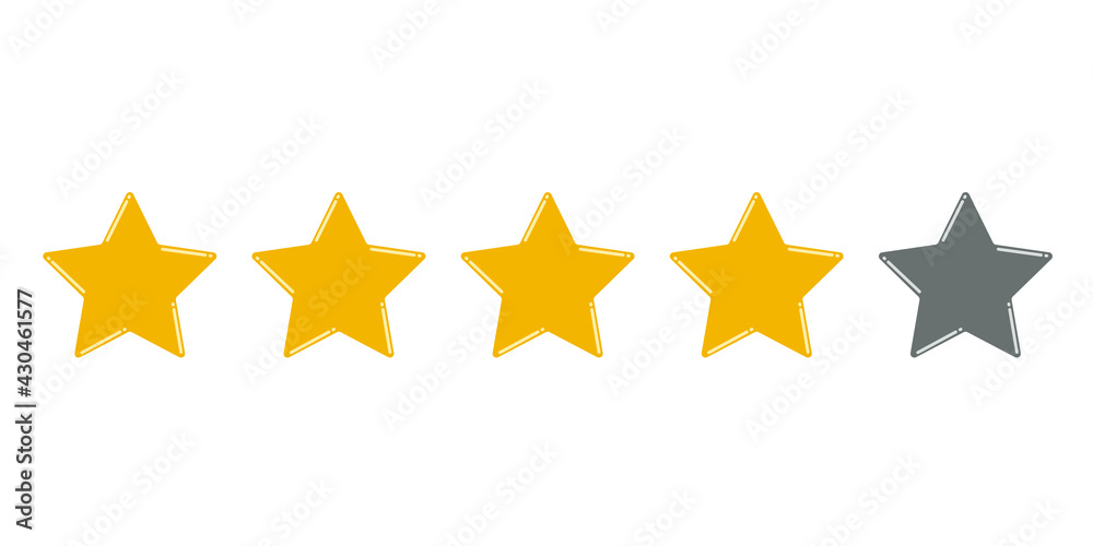 Yellow four stars on a white background and one gray. Rating of sites, hotels, travel packages, online stores, customer reviews. Vector graphics.
