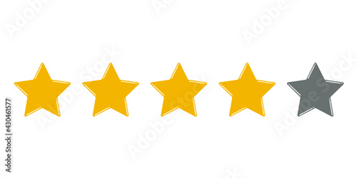 Yellow four stars on a white background and one gray. Rating of sites  hotels  travel packages  online stores  customer reviews. Vector graphics.