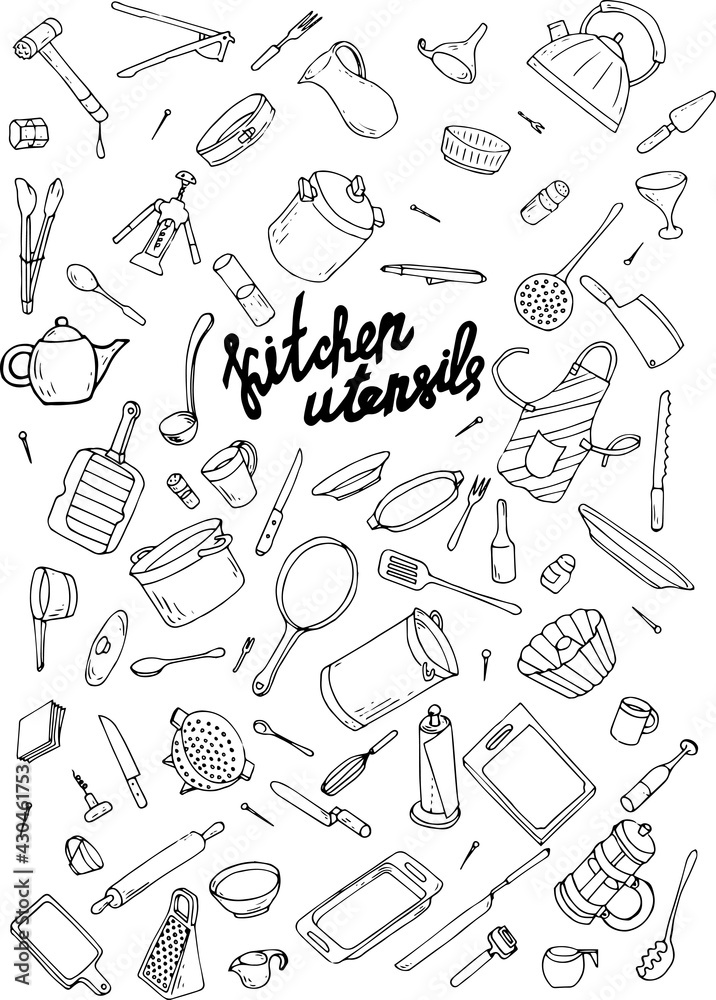 Kitchen utensils doodle set. Collection of hand drawn isolated elements