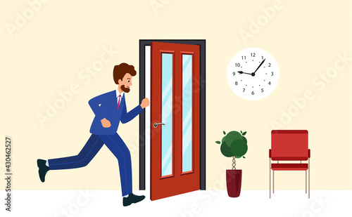 Businessman is late for work or meeting. Human is running from work.