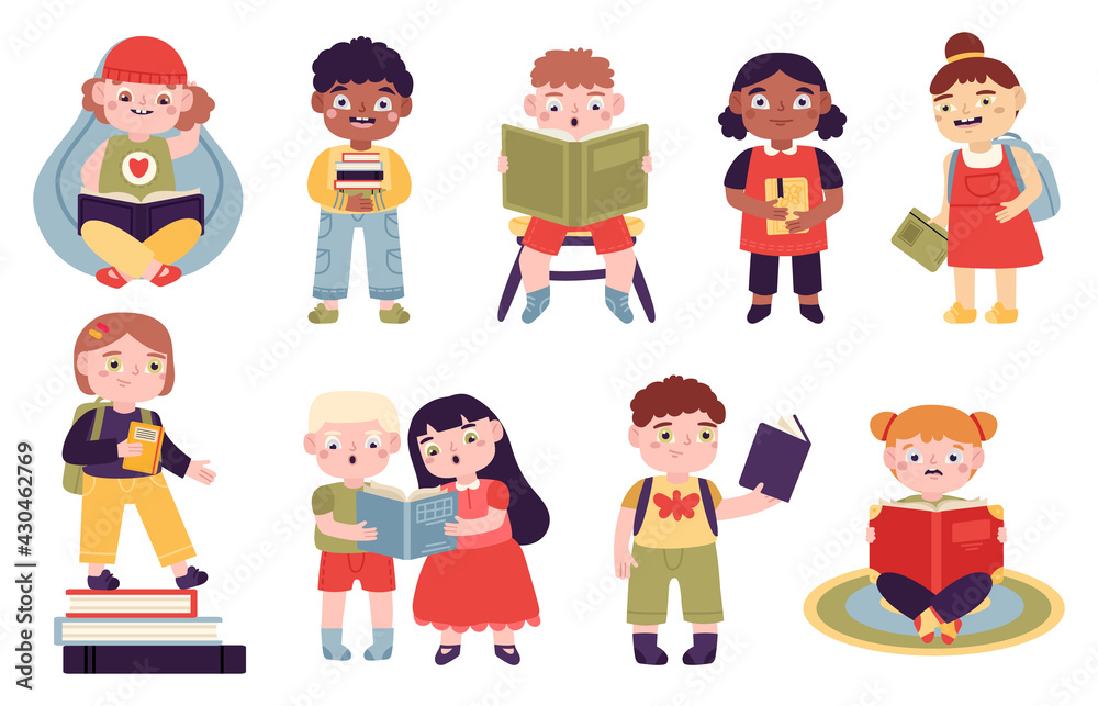Kids reading books. Reading children, boys and girls read for learning and entertainment. Elementary school readers vector illustration set