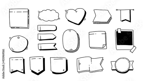 Doodle stickers. Information tags, dialog isolated icons in monocrome, text box cartoon vector stickers and badges