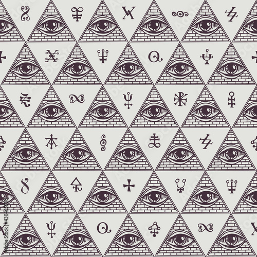 Geometric seamless pattern with signs of an all-seeing eye and magic symbols on a light backdrop. Vector hand-drawn background in retro style with a third eye inside a triangular pyramid