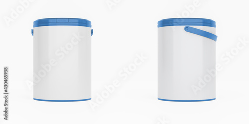 Blue 1l plastic paint can / bucket / container with handle and blank label, isolated on white background. photo