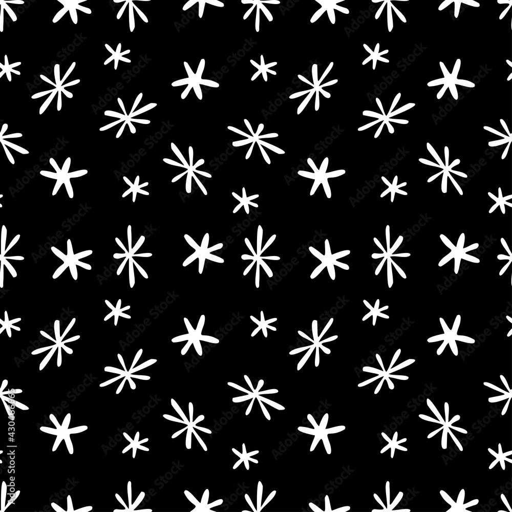 Seamless abstract vector pattern black and white cosmic simple stars on a night sky background. 
