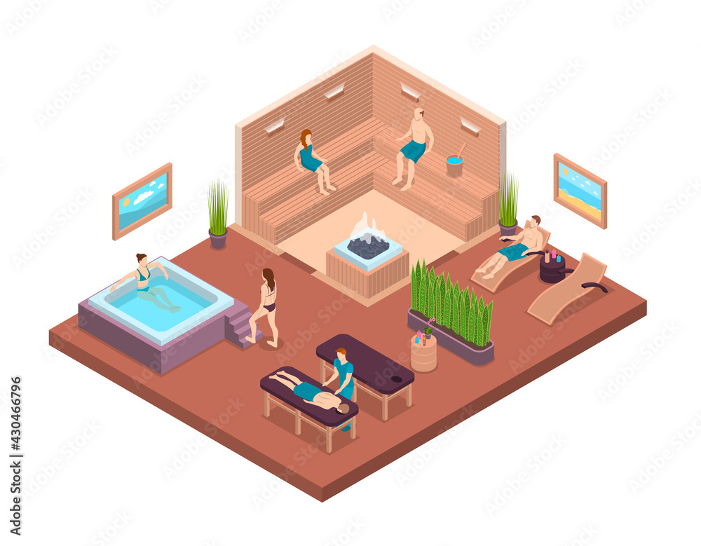 Obraz premium Characters People Relaxing Sauna Interior with Furniture Isometric View. Vector