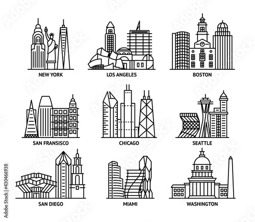 Usa Cities Sign Contour Linear Icon Set. Vector #430466938