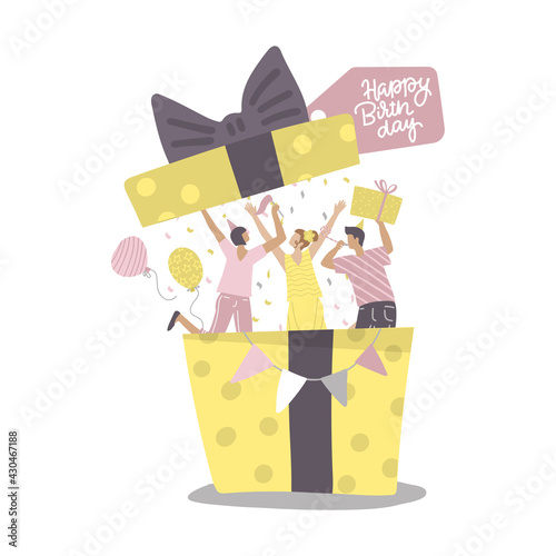 People jumping out of gift box at birthday party. Hude preset with bow. Happy men and women celebrating birthday or new year, fun surprise for friends. Flat vector illustration.