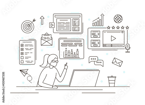 Character Person Woman Smm Manager Concept Contour Linear Style. Vector