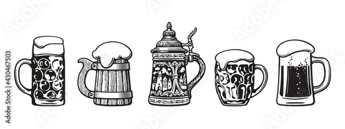 Set of traditional beer mugs. Vector illustration.