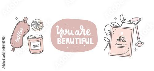 Set of outline vector illustrations. Handwritten lettering "you are beautiful", abstract round background with dots. The eye patch, jade roller, plant branch. Sleep mask, scented candle, bath bomb.