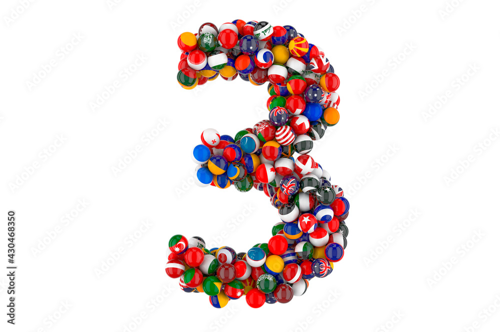 Number 3 from flags of different countries, 3D rendering Number 3 from flags of different countries, 3D rendering
