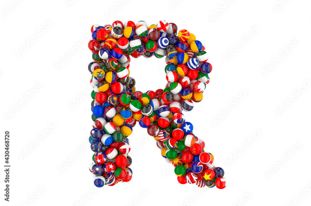 Letter R from flags of different countries, 3D rendering