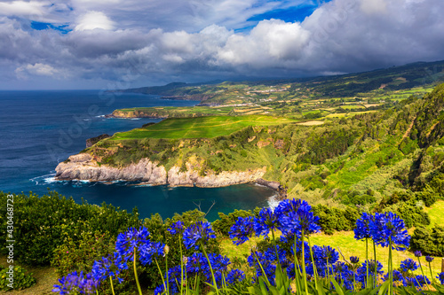 Beautiful coastal view of Miradouro de Santa Iria, Porto Formoso, Ribeira Grande, Sao Miguel, Azores, Portugal. Panorama to coastline of Sao Miguel island from Santa Iria viewpoint. Azores. Portugal photo