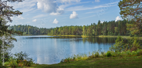 Canvastavla Panoramic view of beautiful forest lake in Russia.
