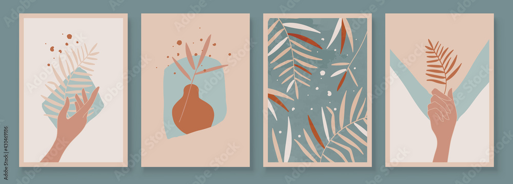 Teal and Peach Abstract Botanical Art with Woman Hands. Set of soft color painting wall art for house decoration. Minimalistic canvas background design. Vector wall art plants in boho style.