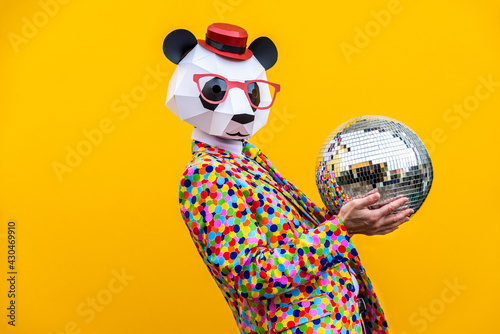 Konstfotografi Man with funny low poly mask on colored background