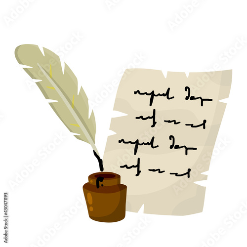 Pen and parchment. Old clerk paper. Medieval poet instrument.